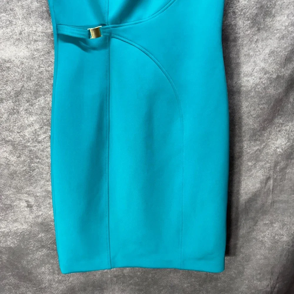 Calvin Klein Scuba Knit Sheath Dress Size 10 Teal Blue Buckle Cut Out Career - Picture 3 of 7